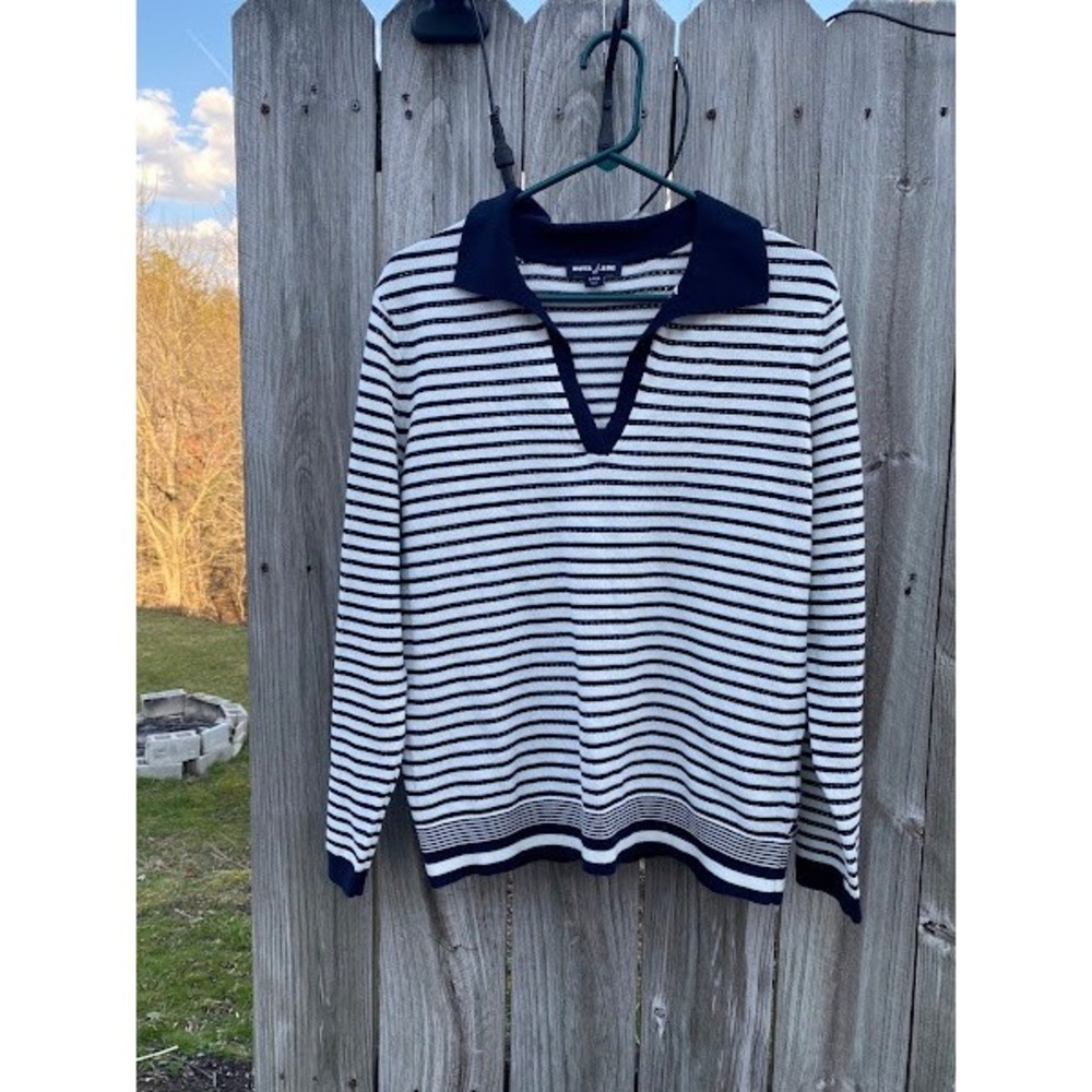 Nautica Jeans‎ Womens Navy White Striped Polo V-Neck Knit Sweater Large